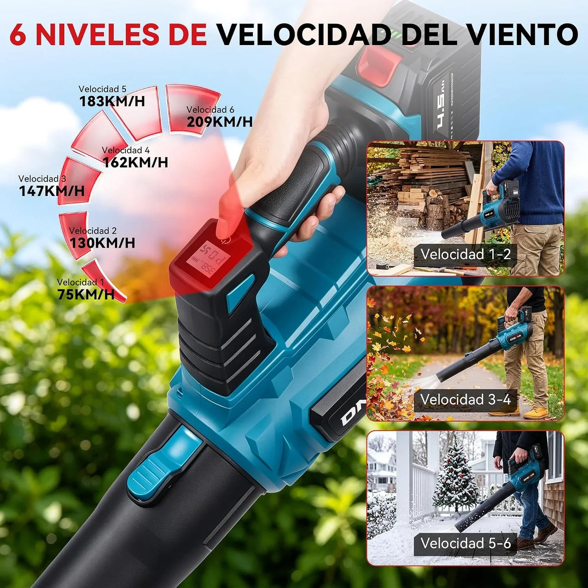ONEVAN 209KM/H Soplador Hojas inalámbrico 2 baterías 4,5Ah y Pantalla LCD