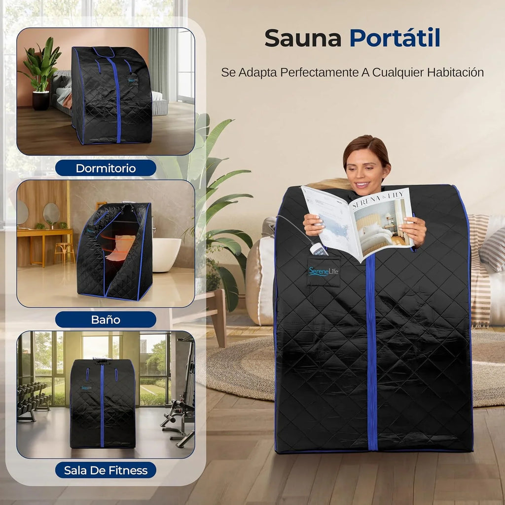 SereneLife sauna portátil, Infrarrojo, Para el hogar, Individual, Con almohadilla calefactora para los pies, Silla plegable