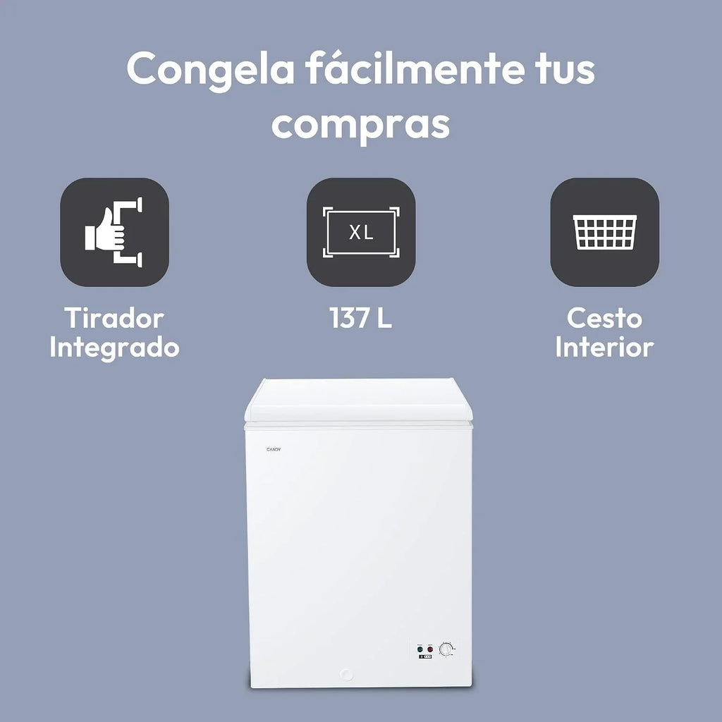 Candy CCHH 145E, Congelador Arcón Horizontal, Ancho 70CM, 137L, Tecnología Estática, 1 Cesto, Control Electrónico Externo, Indicador de Temperatura, Alarma Aumento de Temperatura, 39DB, Blanco