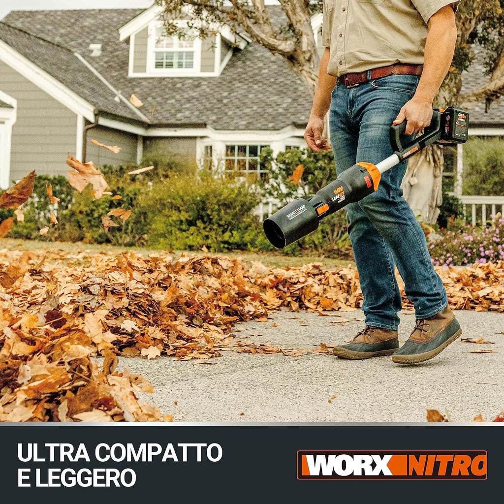 WORX WG585E Soplador de Hojas 40V Máx. (2x20V) Motor sin escobillas, Incluye 2 baterías de 4Ah y Cargador Doble,Tecnología de amplificación de Aire
