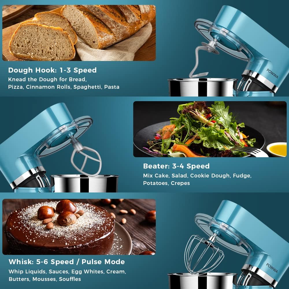 Batidora Amasadora, POWWA Amasadora de Pan Repostería 1500W, 6 Velocidades con Pulso, Potente y Bajo Ruido, Robot de Cocina Amasador Multifuncional, Bol de Acero Inoxidable 6.2 L Capacidad-Azul