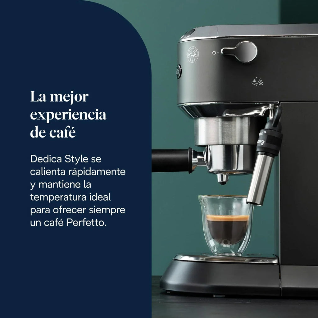 De’Longhi Dedica Style – Perfetto Cafetera Espresso Manual Compacta, Espumador de Leche Manual para Espresso y Cappuccino, Compatible con Monodosis ESE, Panel con Botones, Ancho 15cm, Negro (EC685.BK)