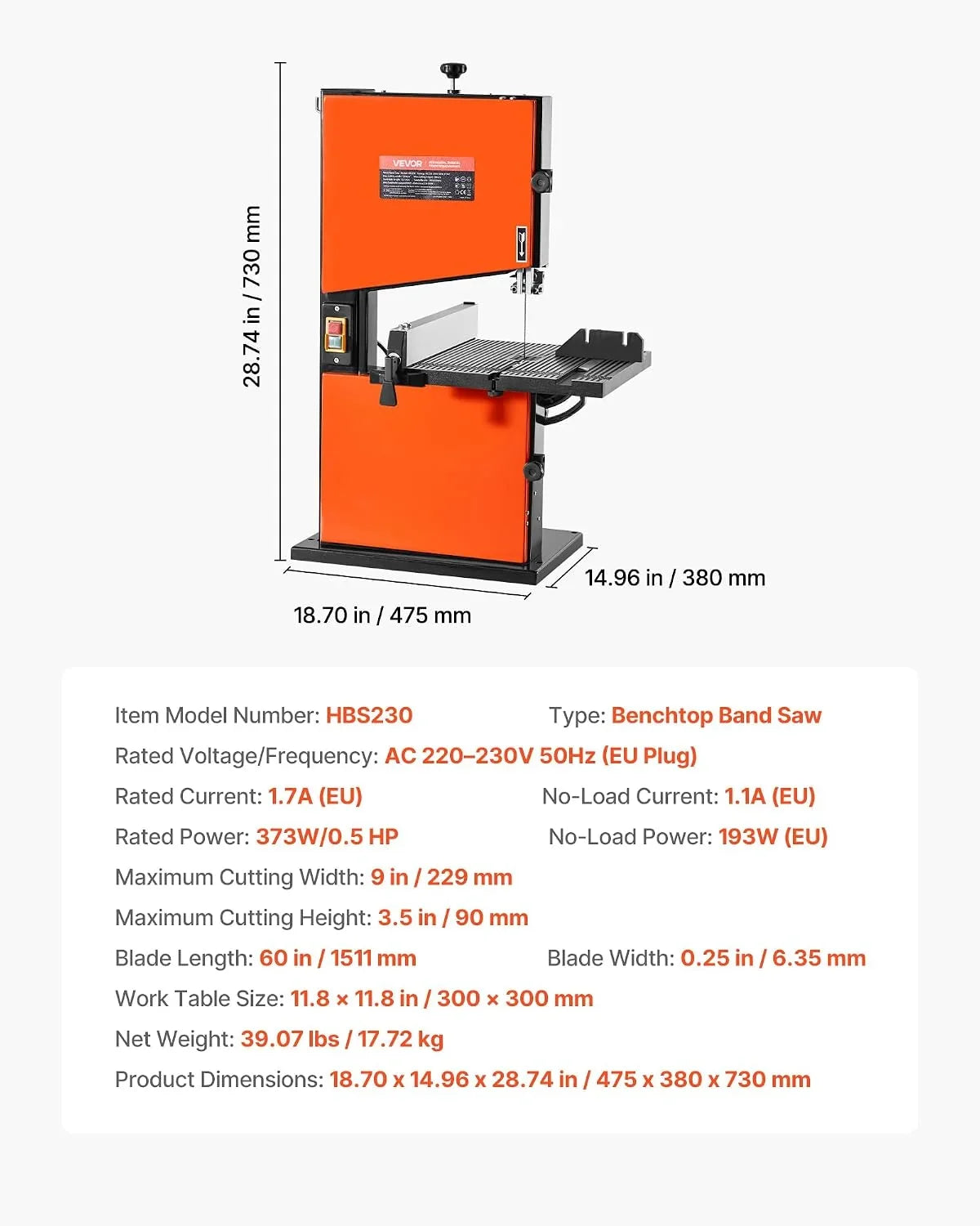 VEVOR Sierra de Cinta para Madera con Motor de 373 W, Altura de Corte de 90 mm, Ancho de Corte de 229 mm, Mesa de Aluminio Fundido de 300 x 300 mm, con Luz de Trabajo de 360°, para Carpintería