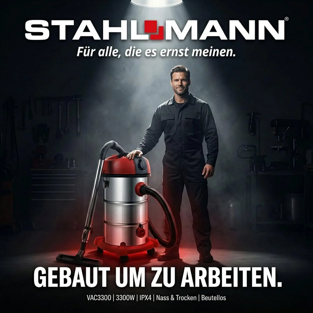 STAHLMANN VAC3300 - Aspiradora industrial en seco (depósito 30 L, enchufe integrado, 3300 W, con y sin bolsa, función de soplado, conexión a máquina, dispositivo profesional