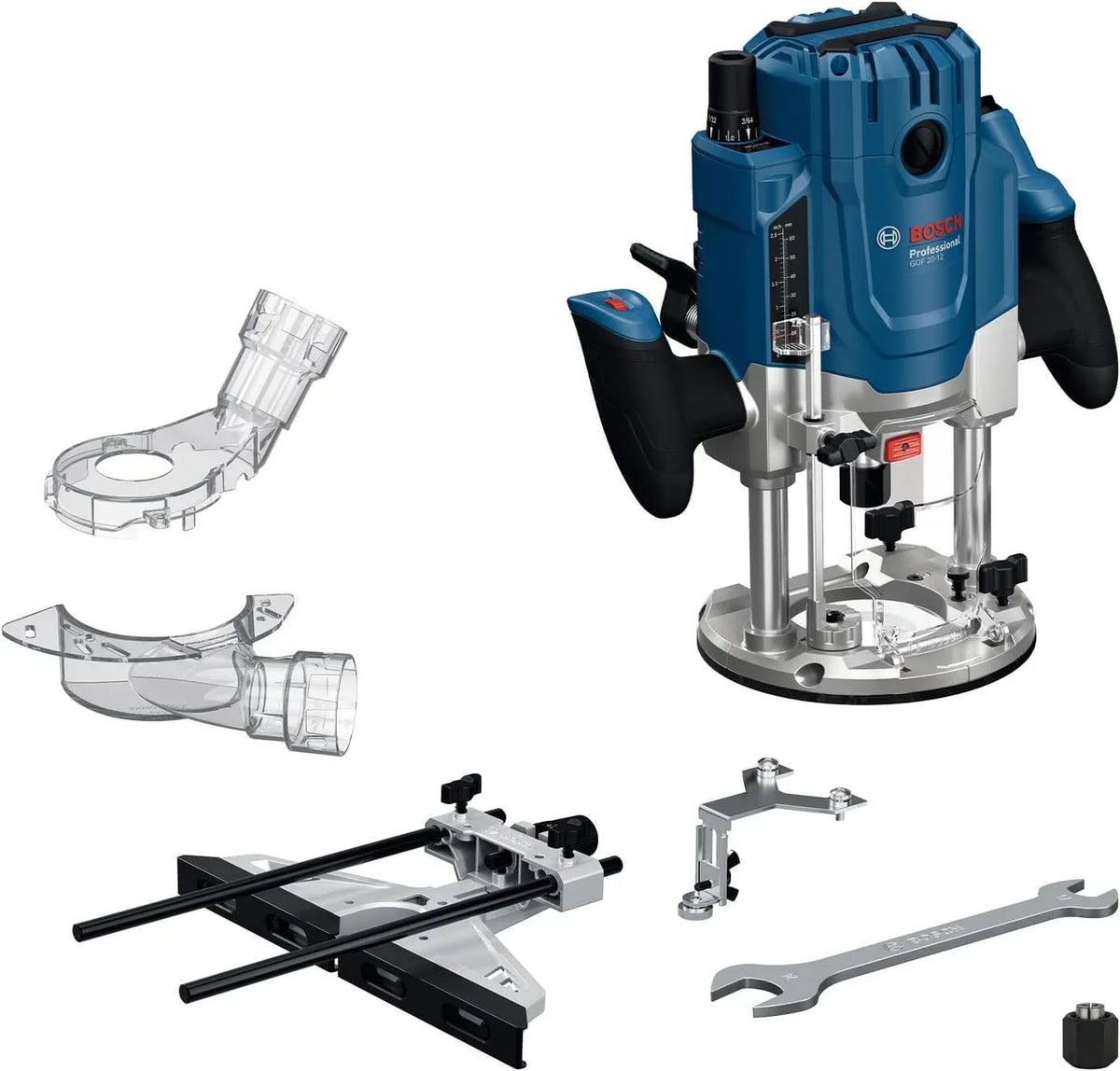 Bosch Professional Fresadora con cable GOF 20-12 (potencia absorbida de 2000 W, incl. aspiración de polvo, guía de rodillos y paralela, pasador de centrado, llave de vaso, set de pinzas)