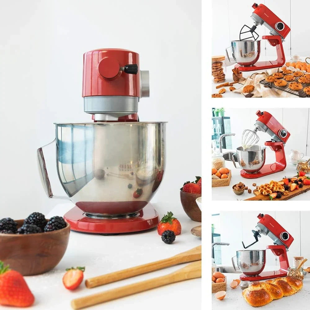 Cecotec Batidora Amasadora Twist&Fusion 4000 Luxury Red. 800 W, Cuerpo de Aluminio fundido, Motor DC, 8 velocidades, Luz LED, Bol de Acero Inoxidable de 5,2 L