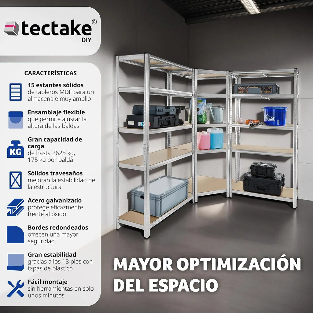 tectake® Estantería para Cargas Pesadas, 3 Partes, 15 Estantes, Estructura de Acero Galvanizado, Capacidad de Carga 2625 kg, Ajustable en Altura, Convertible en Bancos de Trabajo, Bordes Redondeados