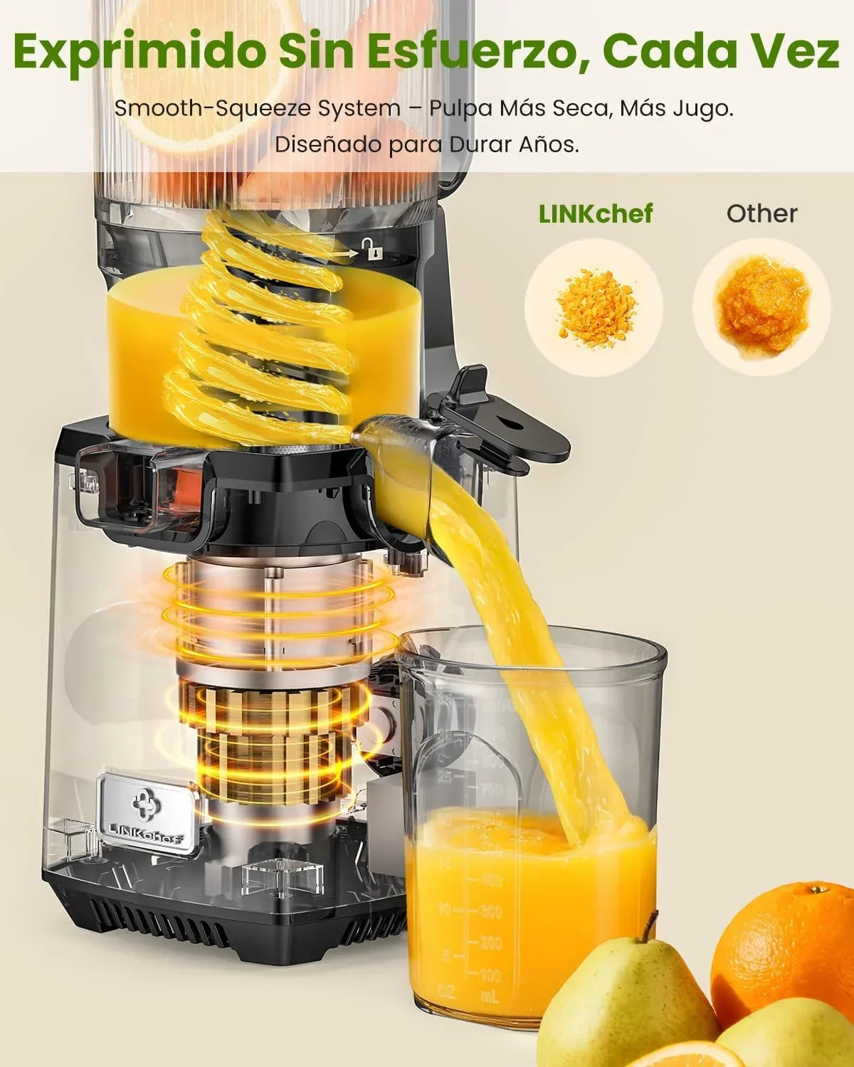 LINKChef Fruta Entera Extractor de Zumos y Verduras, 130mm Calibrey 1,8L Licuadora Prensado en Frio, 250W Extractor de Jugo Juicer Machine, Función de Masticación Inversa, Fácil de instalar y limpiar
