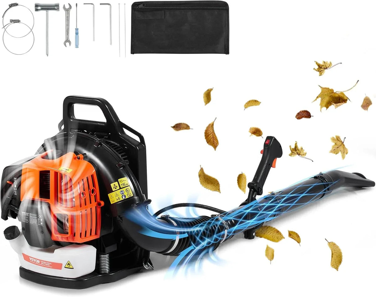 VEVOR Soplador de Hojas de Mochila, Soplador de Hojas de Gas de 2 Ciclos de 63 CC con Tanque de Combustible de 1,89 L, Volumen de Aire de 1110 CFM, Velocidad de 220 mph, para el Cuidado del Césped