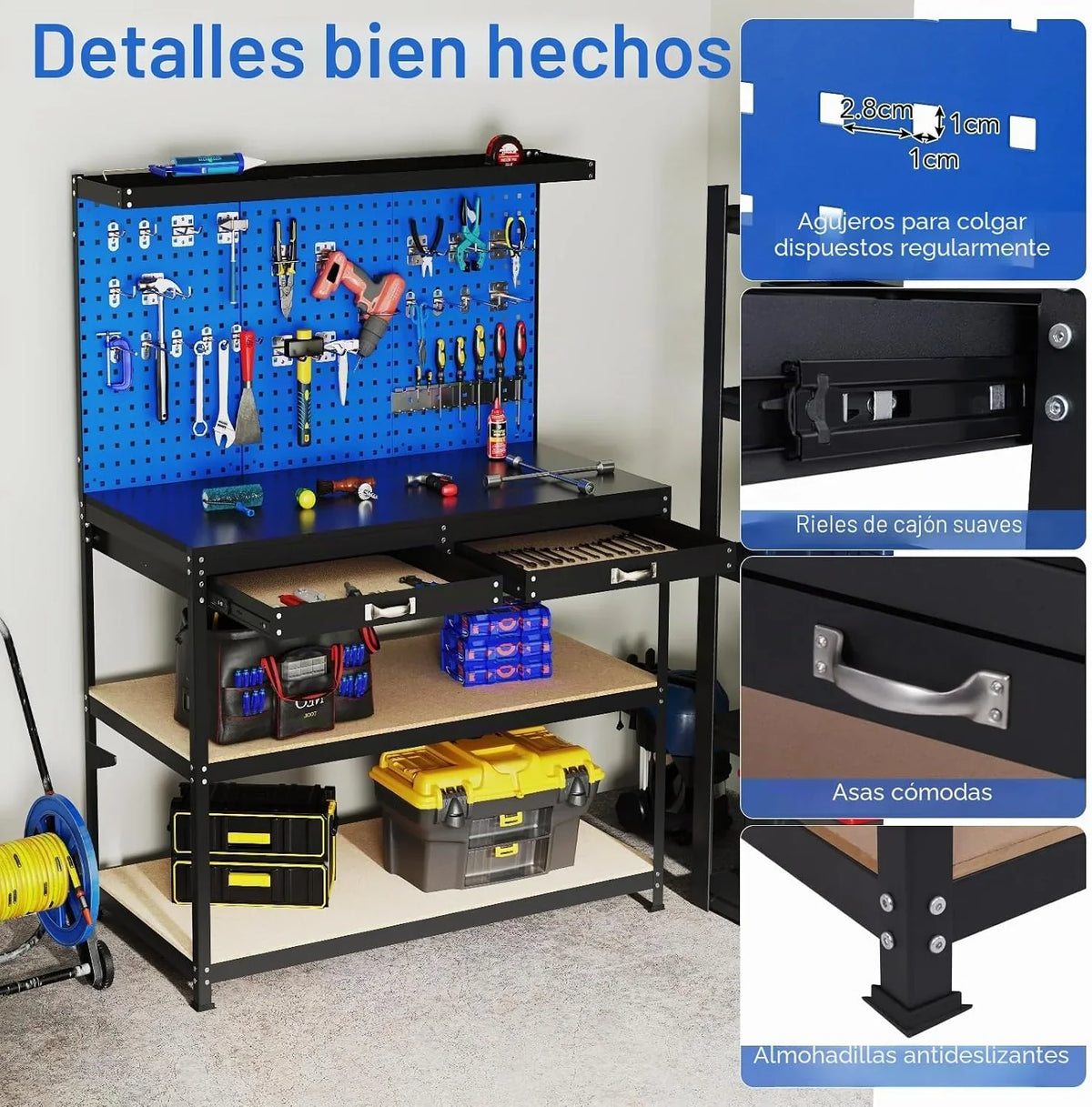 SOARS Banco de Trabajo con Paredes Perforadas, Banco Metálico para Herramientas con 3 Estantes Abiertos y Accesorios Colgantes para Garaje, Taller (Azul, 121 x 61 x 156 cm)