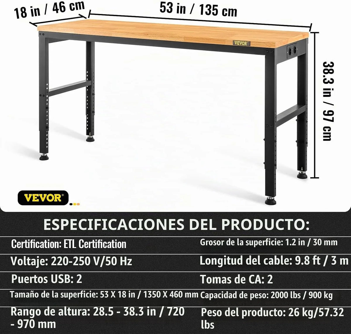VEVOR Banco de Trabajo de Altura Ajustable, 135 cm de Ancho x 46 cm de Profundidad x 97 cm de Alto, Mesa de Garaje con 72-97 cm de Altura y Capacidad de Carga de 900 kg, con Tomas de Corriente, Parte