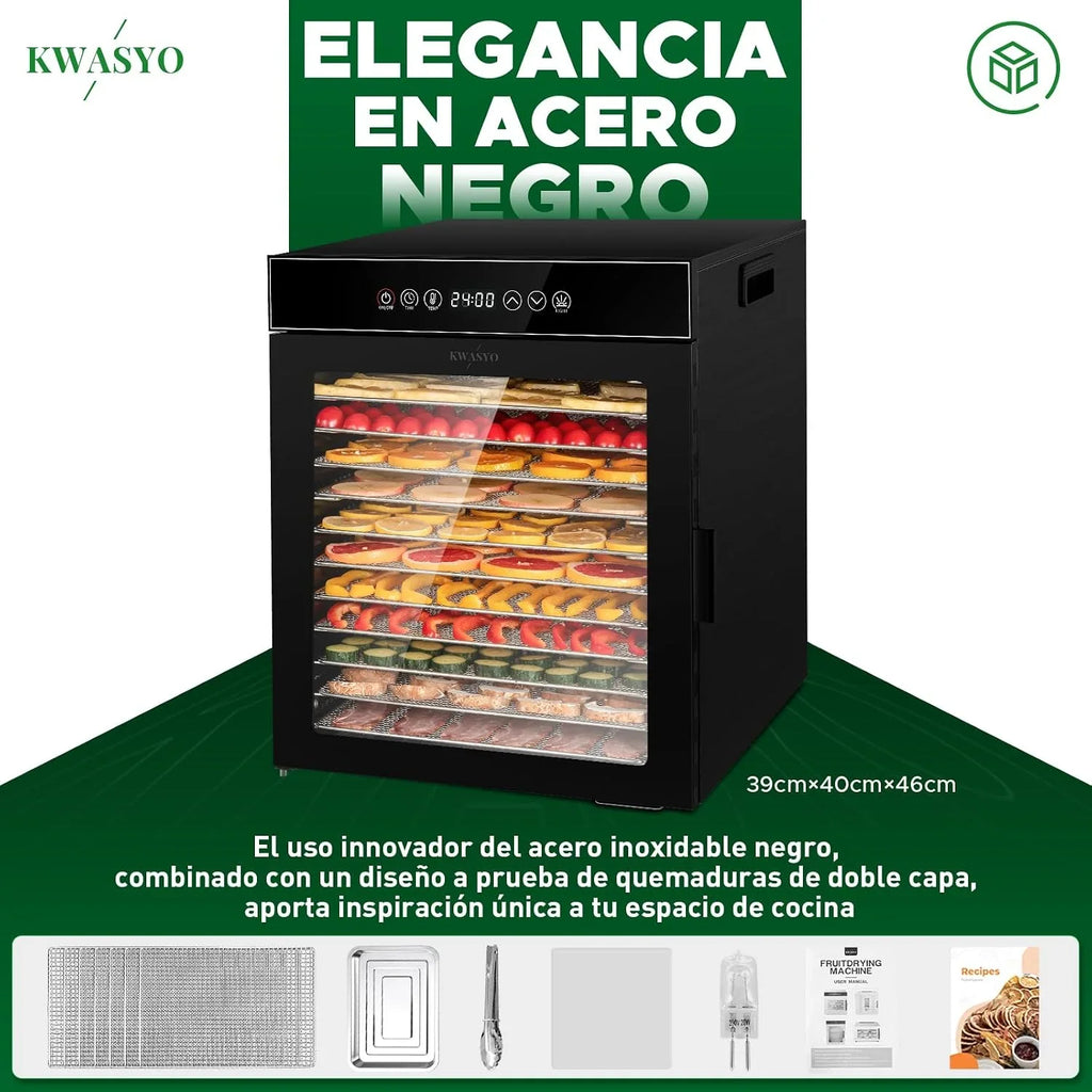 Kwasyo Deshidratador de Alimentos de 12 Bandejas de Acero Inoxidable, Todo en Negro, Estructura de Doble Capa, Gran Capacidad, Deshidratador para Frutas, Pescado, Verduras, Carne, Jerky, Hierbas