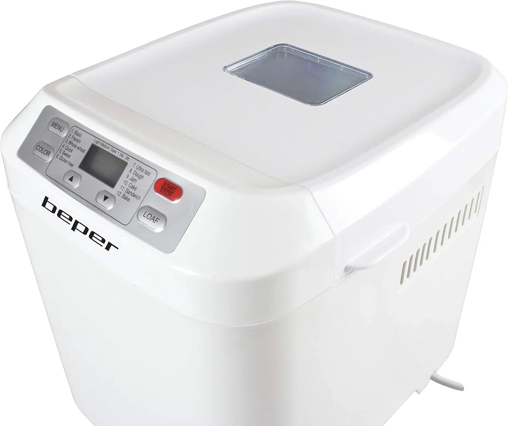 Beper BC.130 Panificadora automática, Máquina para hacer Pan, Gluten Free, 550 W, Recipiente antiadherente,12 Programas, Pantalla LCD,temporizador programable 13 horas, Blanco