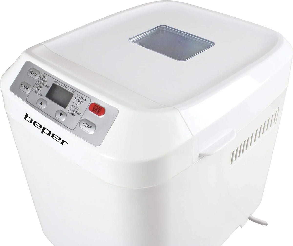 Beper BC.130 Panificadora automática, Máquina para hacer Pan, Gluten Free, 550 W, Recipiente antiadherente,12 Programas, Pantalla LCD,temporizador programable 13 horas, Blanco