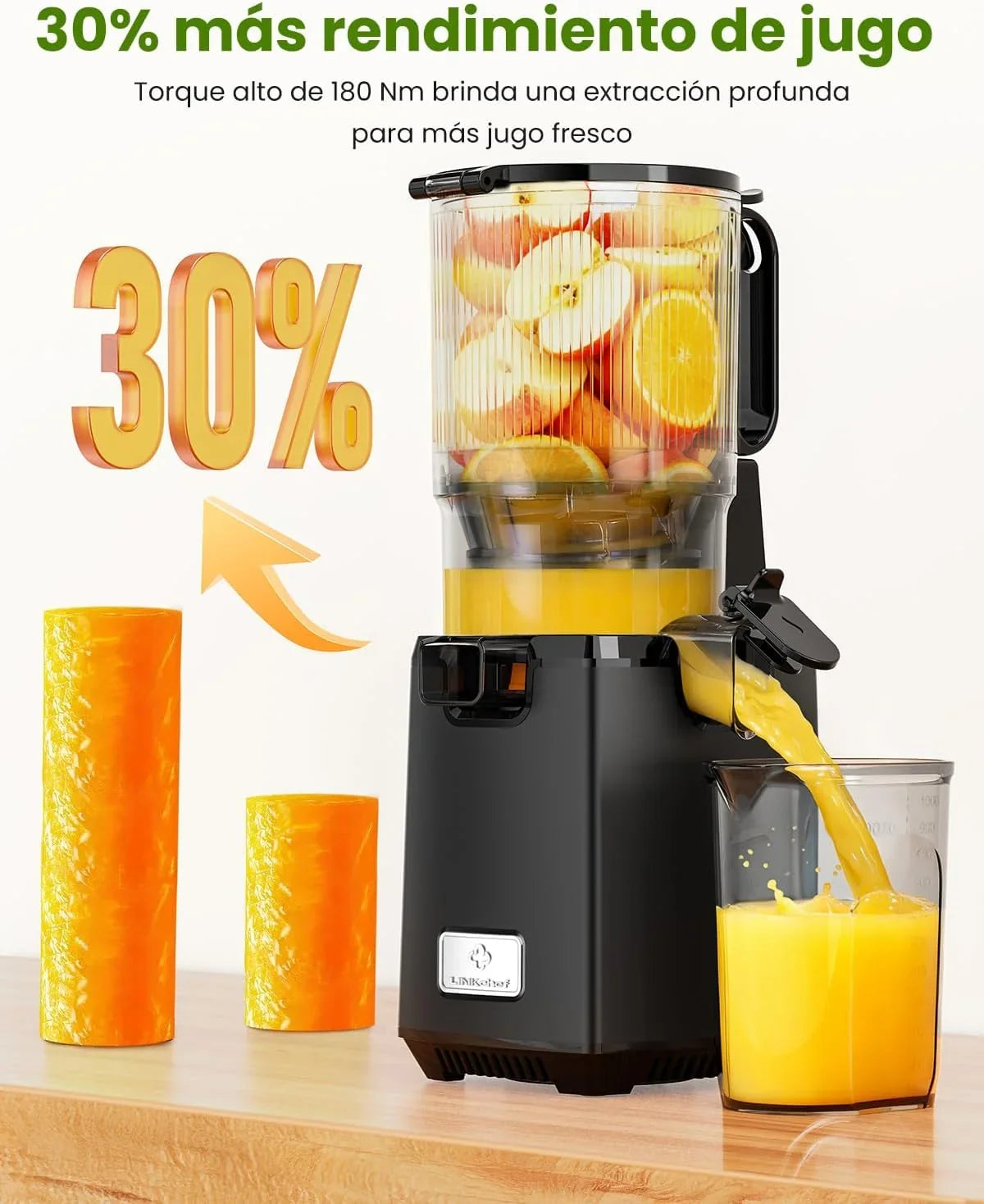LINKChef Fruta Entera Extractor de Zumos y Verduras, 130mm Calibrey 1,8L Licuadora Prensado en Frio, 250W Extractor de Jugo Juicer Machine, Función de Masticación Inversa, Fácil de instalar y limpiar