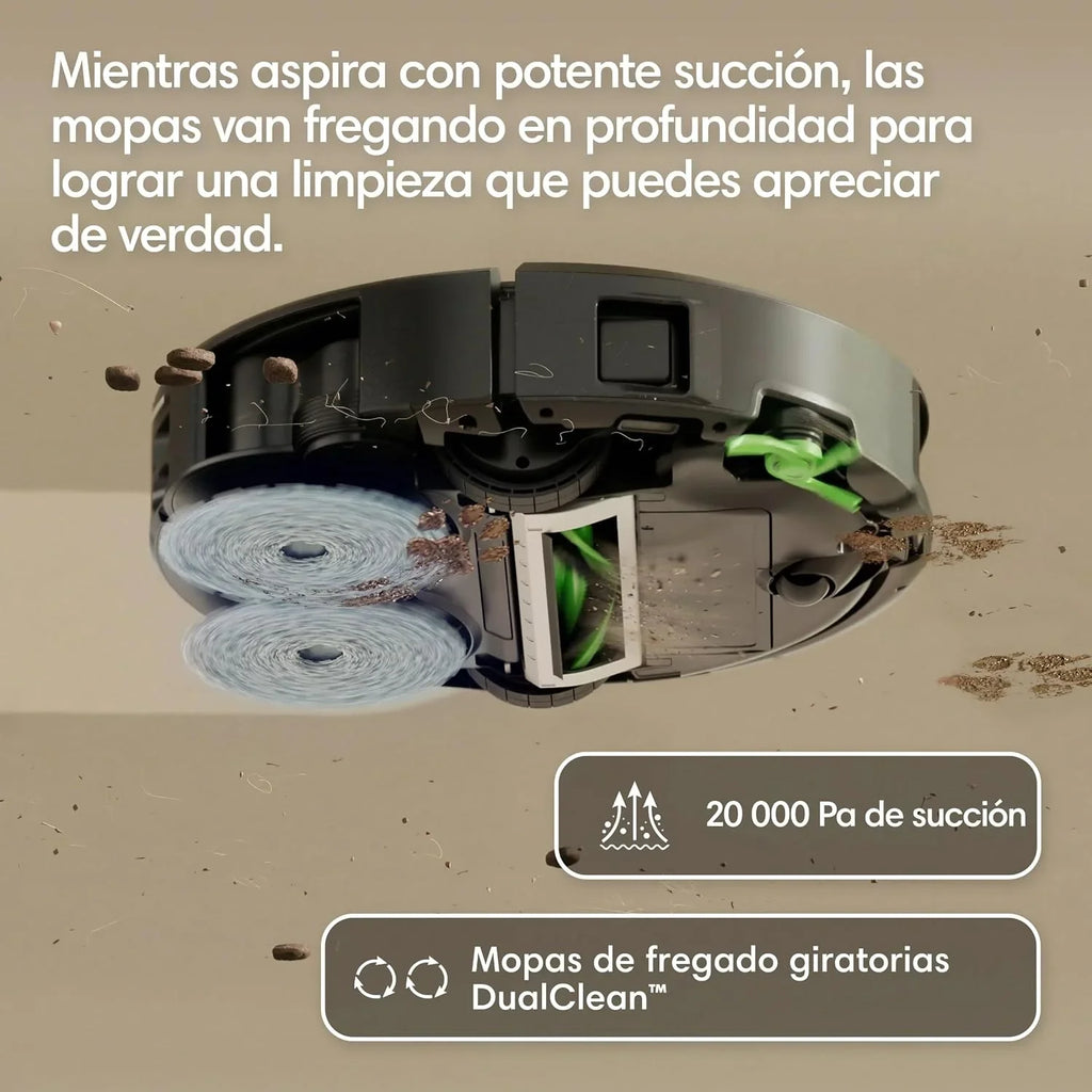 iRobot Roomba Plus 415 Combo y Base AutoWash multifunción, Robot Aspirador y Friegasuelos, 20.000Pa, Mopa Extensible, Mopas DualClean Elevables, Secado Calor, LiDAR Clearview, Autonomía 90 Días,Negro