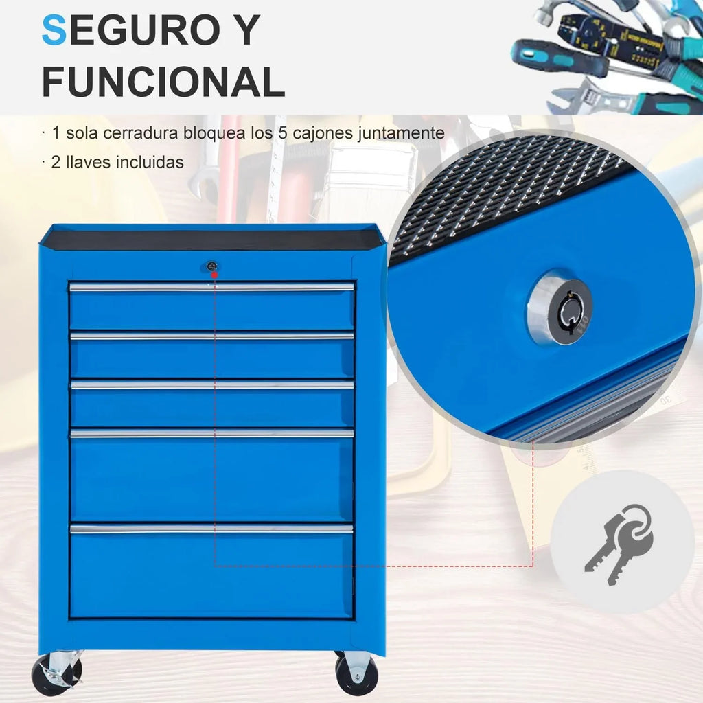 HOMCOM Carro Caja de Herramientas Taller Movil 5 Cajones 4 Ruedas Azul