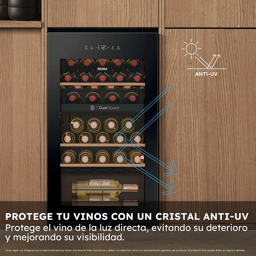 Haier Wine Bank 50 Series 5 HWS32GDG Vinoteca de 32 Botellas, 2 Zonas Independientes, Estantes de Madera, Filtro Anti-UV, Sistema Antivibración, Display Digital, Iluminación LED, 37 dbA, Negra