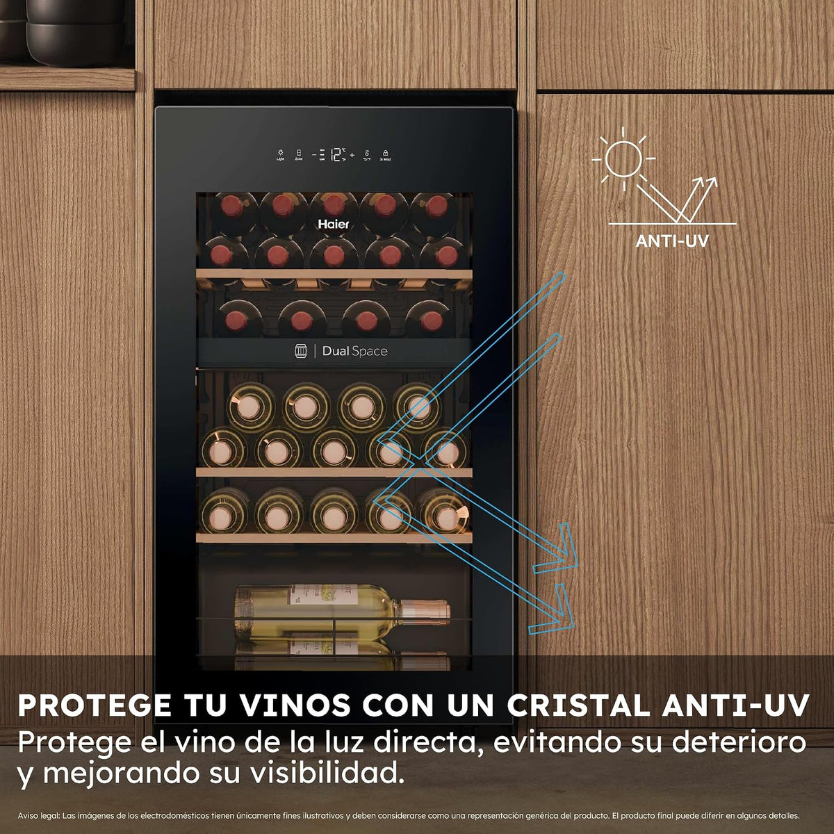 Haier Wine Bank 50 Series 5 HWS32GDG Vinoteca de 32 Botellas, 2 Zonas Independientes, Estantes de Madera, Filtro Anti-UV, Sistema Antivibración, Display Digital, Iluminación LED, 37 dbA, Negra