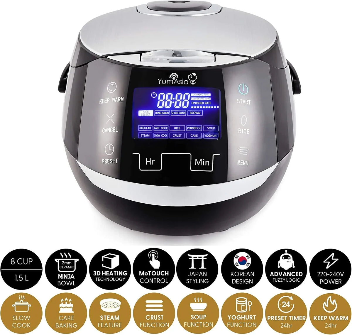 Yum Asia Sakura Olla arrocera con cuenco de cerámica y lógica difusa avanzada (8 tazas, 1,5 litros) 6 funciones de cocción de arroz, 6 funciones de multicocina, pantalla LED Motouch, 220-240V EU