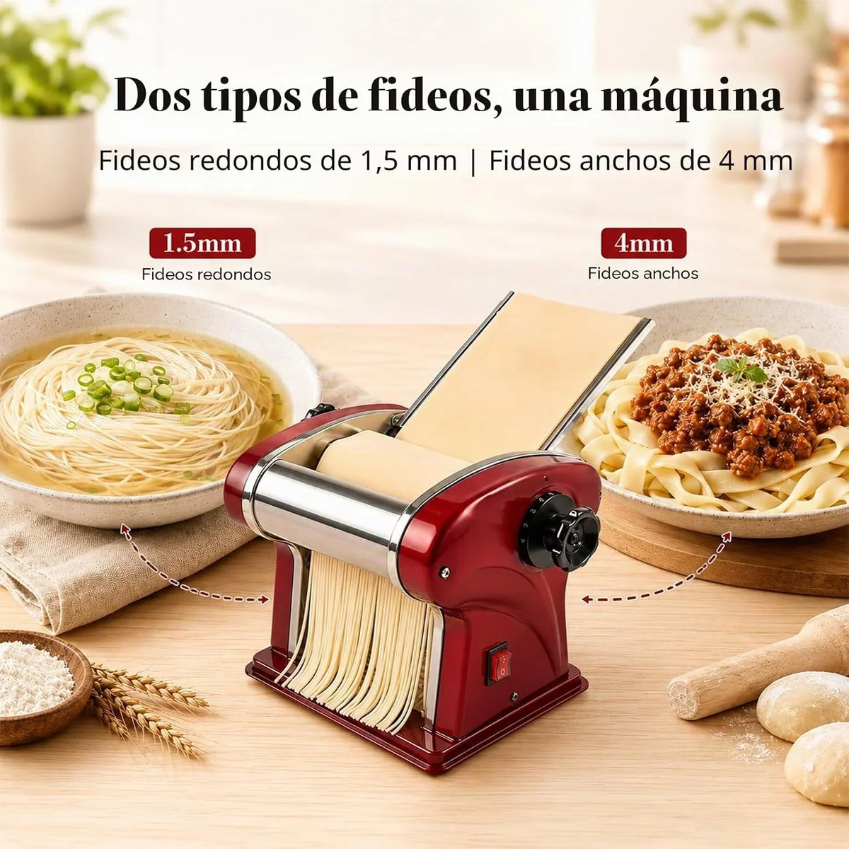 Máquinas Eléctricas Para Pasta - Fabricante de Fideos con Rodillo y Doble Cuchilla de Acero Inoxidable - 1.5mm (Redondo) y 4mm (Plano) - Para Uso Doméstico y Comercial