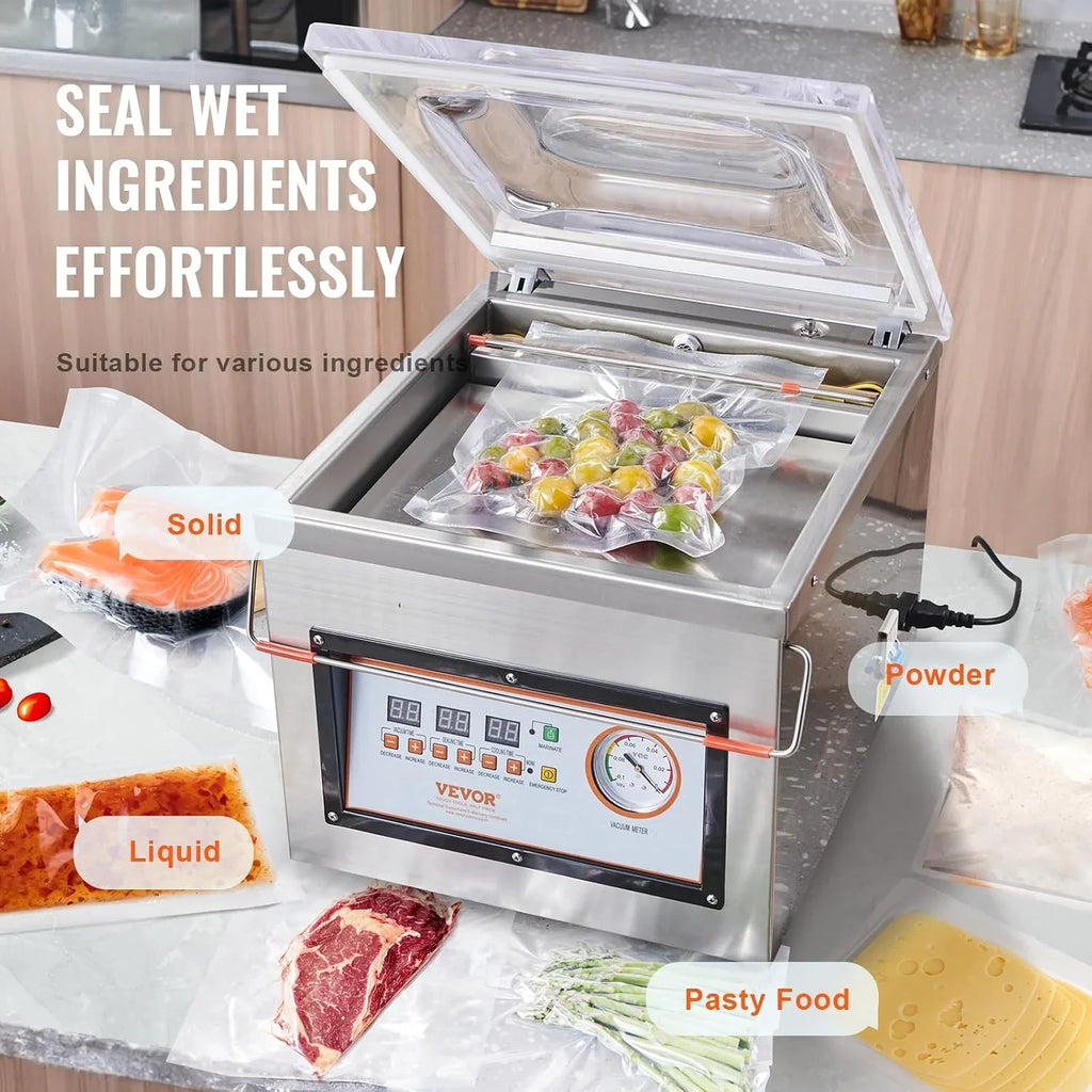 VEVOR Sellador al Vacío de Cámara 320 W Máquina de Envasado al Vacío de Acero inoxidable Tamaño Compacto de 320 mm para Cocina del Hogar Para Uso Comercial Para Alimentos Húmedos, Carnes y Adobos
