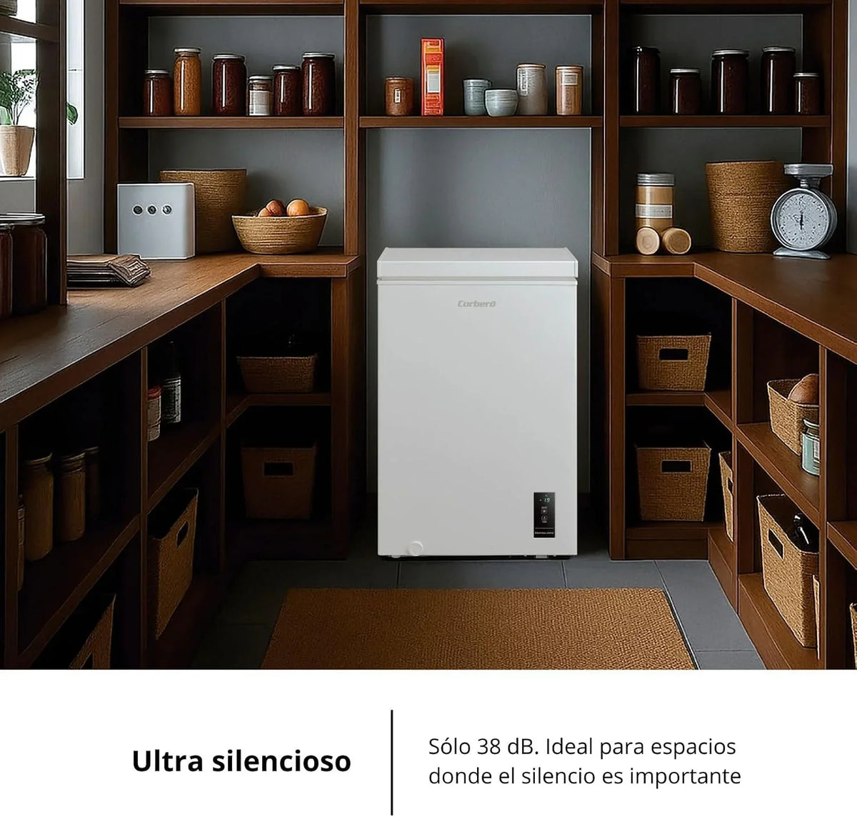Corberó - Arcón Congelador Horizontal | CCHM1006M | 99L | 54,7cm x 84,9cm | Motor Inverter 38db | Sistema Dual | Súper Congelación | Control con Display | 1 Cesta |Blanco
