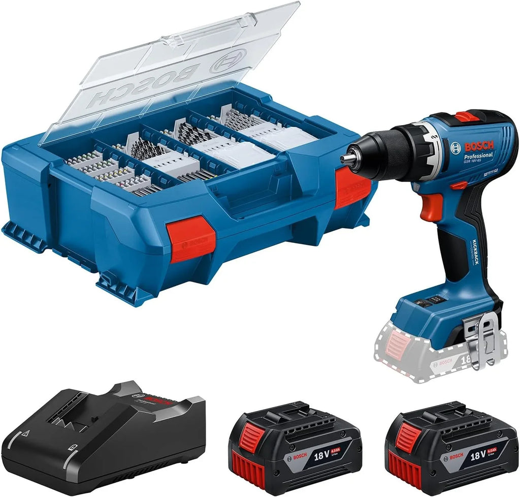Bosch Professional 18V System atornillador a batería GSR 18V-65 (motor Brushless sin escobillas, longitud del cabezal 166, 2 baterías GBA 4.0Ah, 82AC, L-Case)