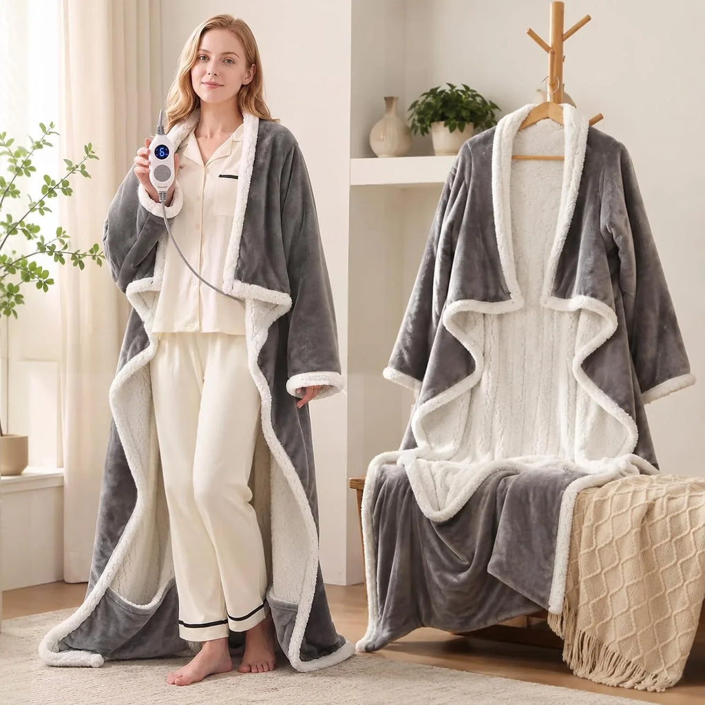 Manta eléctrica portátil con mangas, manta térmica eléctrica con bolsillo para los pies, 6 niveles de calor y apagado automático de 2 a 10 horas, gris claro, 127 x 177,8 + 45,7 cm