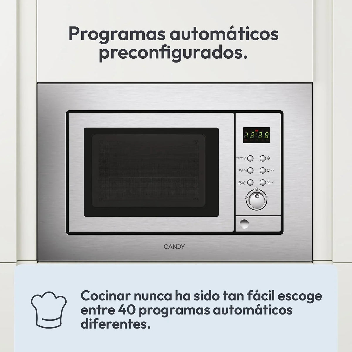 Candy MIC201EX, Microondas integrable con grill, 20L, Digital, Con marco, 8 programas automáticos, Plato giratorio 24,5cm, Descongelación tiempo y peso, 800W/1000W, Acero inoxidable antihuellas