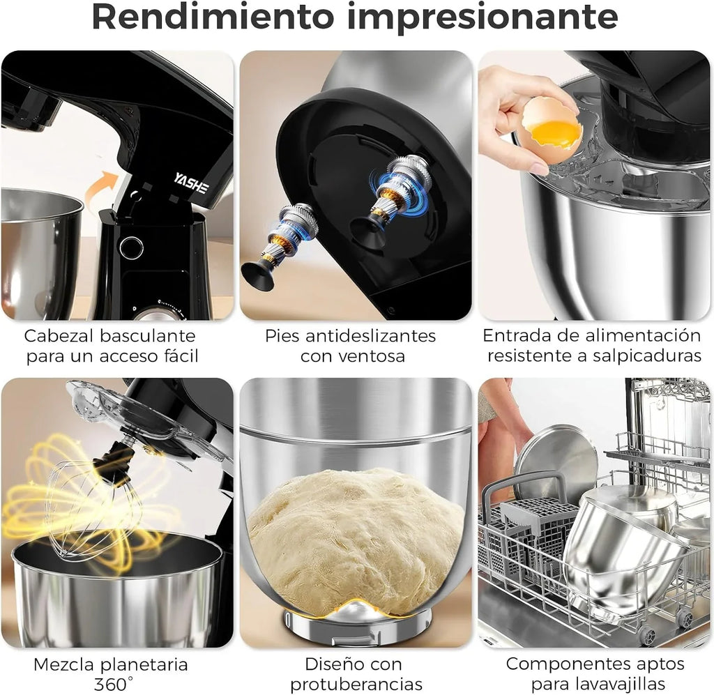 YASHE Batidora Amasadora 1500W, 4,5 + 5L Doble Bol de Acero Inoxidable, 10+P Velocidades, Movimiento Planetario, Cabezal Inclinable, Gancho para Masa, Batidor y Varillas