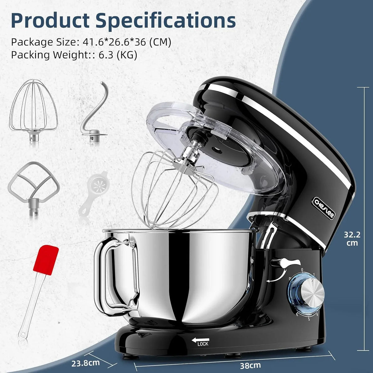 CHeflee Batidora Amasadora Profesional,2000W Amasadora Pan Repostería,6.2 L Bajo Ruido Robot de Cocina Multifunción,Gancho para Masa,Batidor Plano,Protección para Salpicaduras 6 Velocidades Batidora