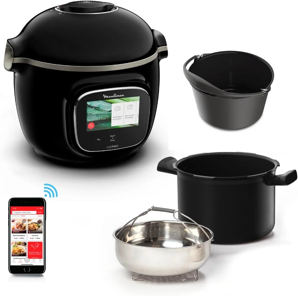 Moulinex Cookeo Touch Wifi - Multicooker inteligente de alta presión + molde para tartas 18 cm, 6 L, pantalla táctil, 250 recetas integradas, aplicación Moulinex YY5297FB, negro