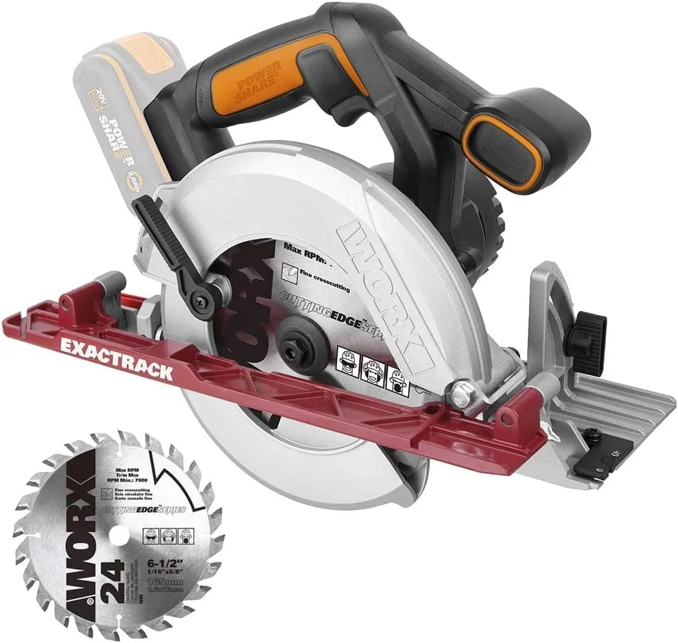 WORX WX530.9 Worxsaw XL Sierra Circular Brushless 20V Sin Batería, Sistema ExacTrack para Cortes Rectos, Base de Aluminio, Corte a Inglete 50°