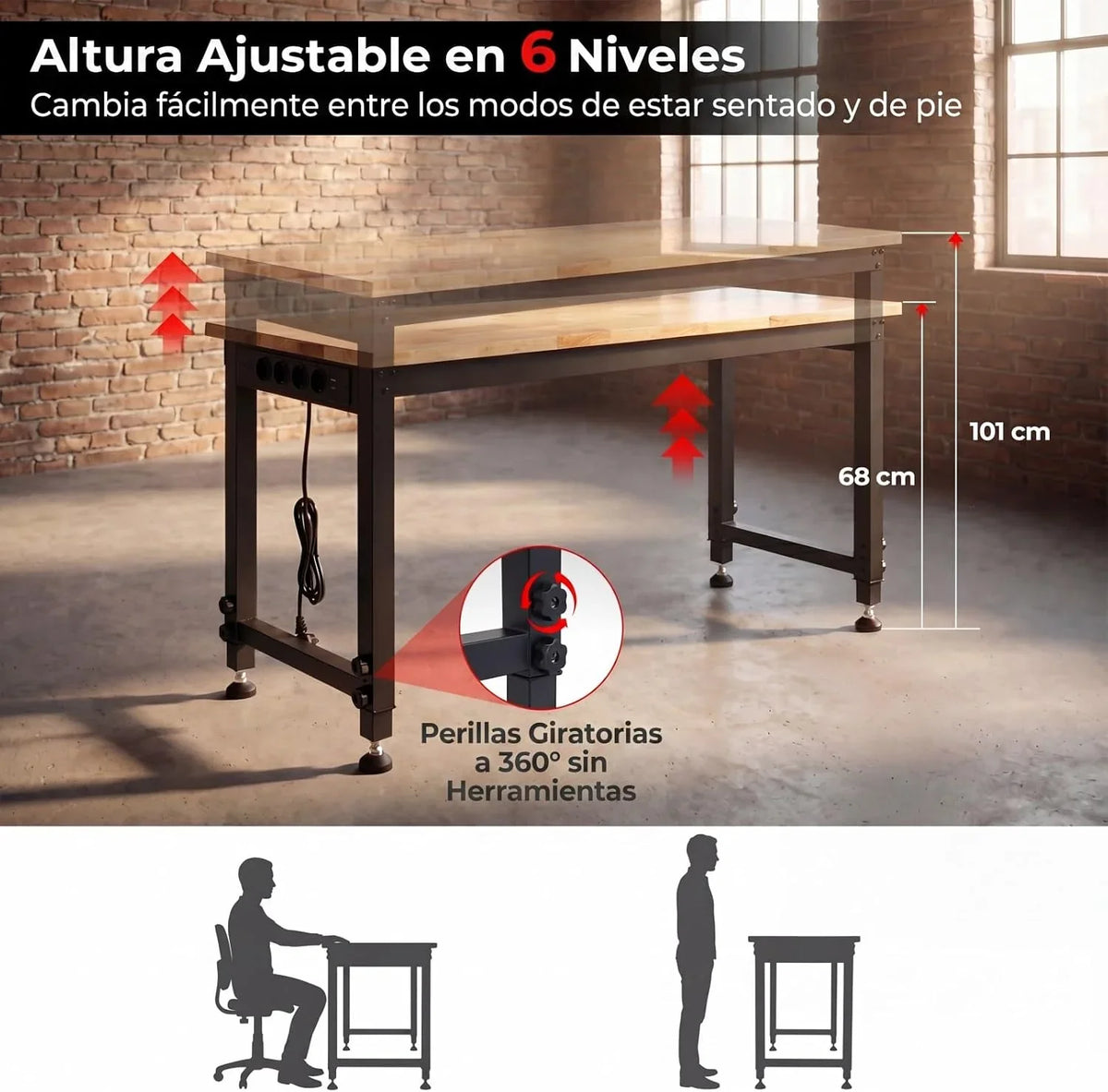 COSTWAY Banco de Trabajo con Estación de Carga, 122 x 51cm, Mesa Trabajo Taller con Altura Ajustable en 6 Niveles, Encimera de Madera Caucho, Marco Metálico, Estación Bricolaje, Carga 900 kg