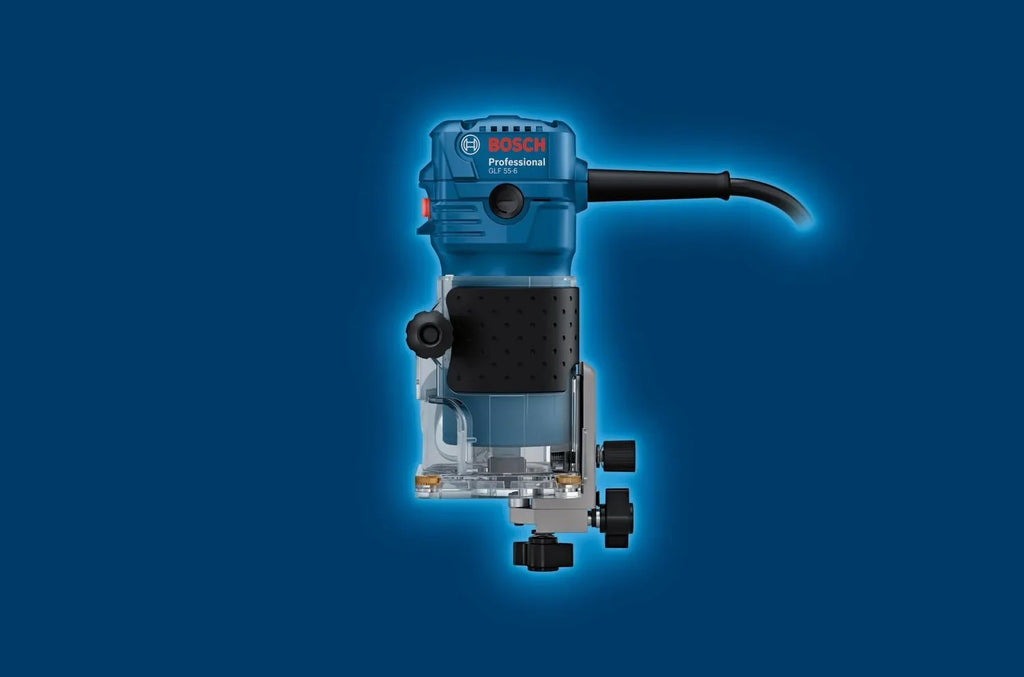 Bosch Professional fresadora de cantos GLF 55-6 (motor de 550 W girando a 33 000 rpm., incl. 2 llaves de una boca, 1 recogedor, tope paralelo, rodillo de corte al ras)