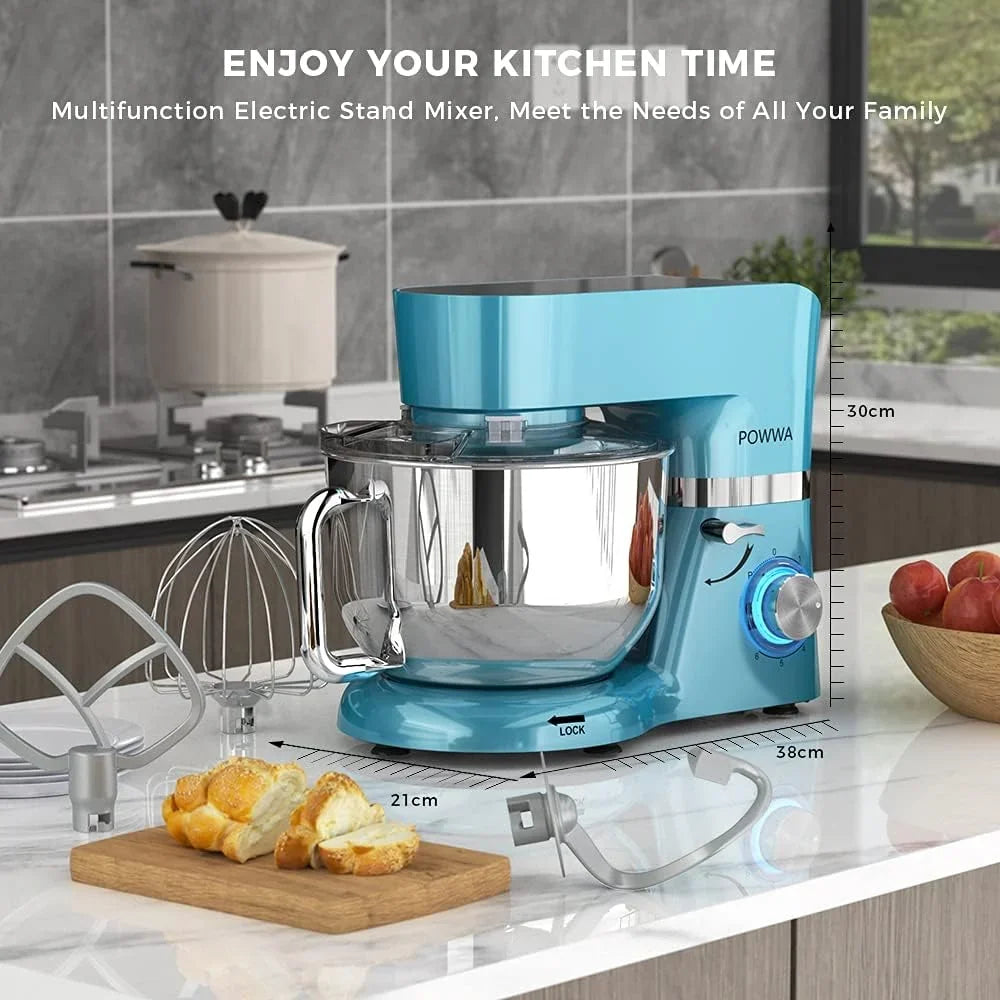 Batidora Amasadora, POWWA Amasadora de Pan Repostería 1500W, 6 Velocidades con Pulso, Potente y Bajo Ruido, Robot de Cocina Amasador Multifuncional, Bol de Acero Inoxidable 6.2 L Capacidad-Azul