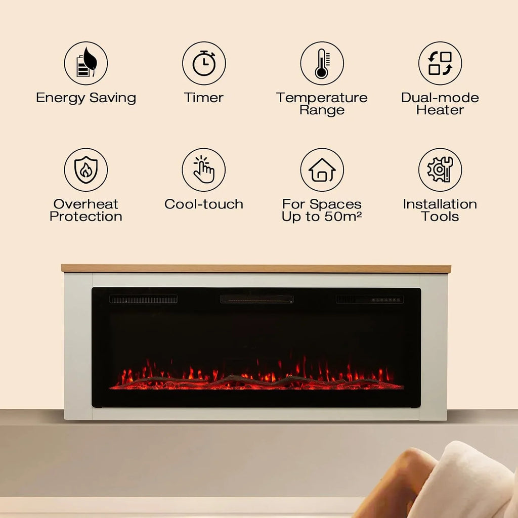 HOMAVO 50" Electric Fireplace with Heating, 1000W/2000W Decorative Fireplace, 12 Colors of 3D Flame, 12 Colors of Wood Fireplace, Remote Control & App, Includes Fireplace Furniture