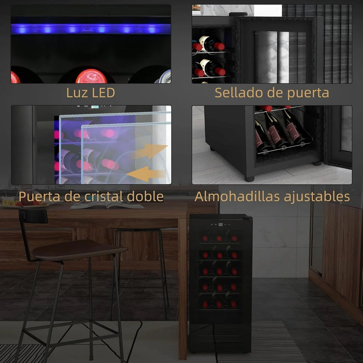 HOMCOM Nevera Vinos 18 Botellas 50L Vinoteca con Luz LED Interior Pantalla LED Táctil Digital Control de Temperatura Puerta de Vidrio Anti-UV y 5 Estantes de Metal Negro
