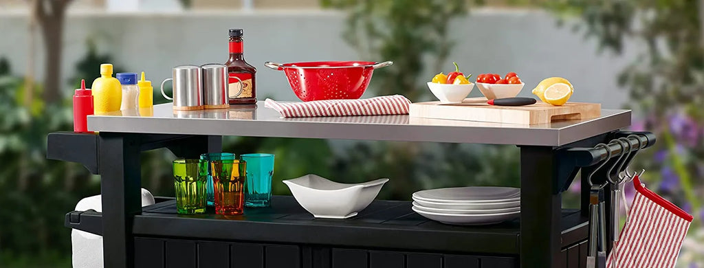 2025 Carro móvil de patio Keter Unity XL – Mesa de cocina exterior resistente a la intemperie con superficie de trabajo de acero inoxidable, espacio de almacenamiento con cerradura y accesorios