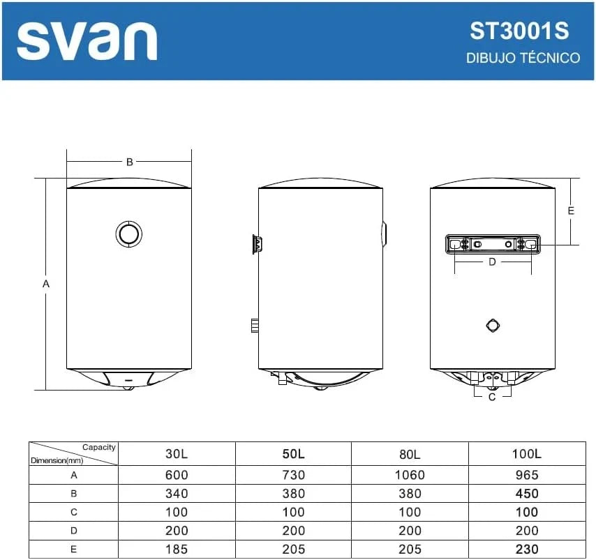 Svan ST3001S Vertical Electric Thermo 30 L Vertical Installation, 1500 W, Includes Mounting Kit, Stainless Steel Resistor, White, Energy Efficiency Class C