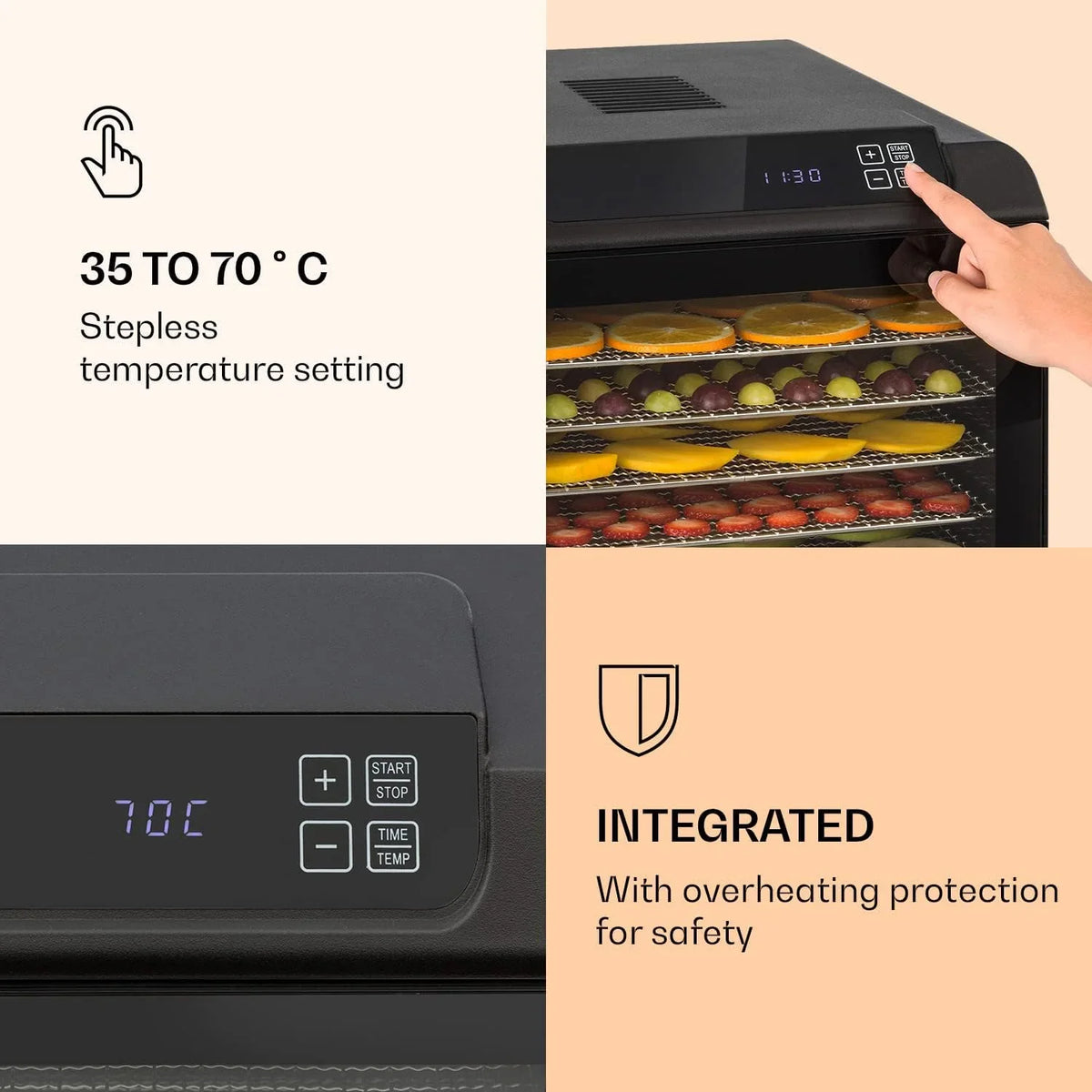 Klarstein Arizona Jerky Deshidratador de alimentos, seca fruta, carne y frutas, 500 vatios, 35-70°C, 6 bandejas aptas para lavavajillas, tiempo de secado corto, pantalla táctil, negro