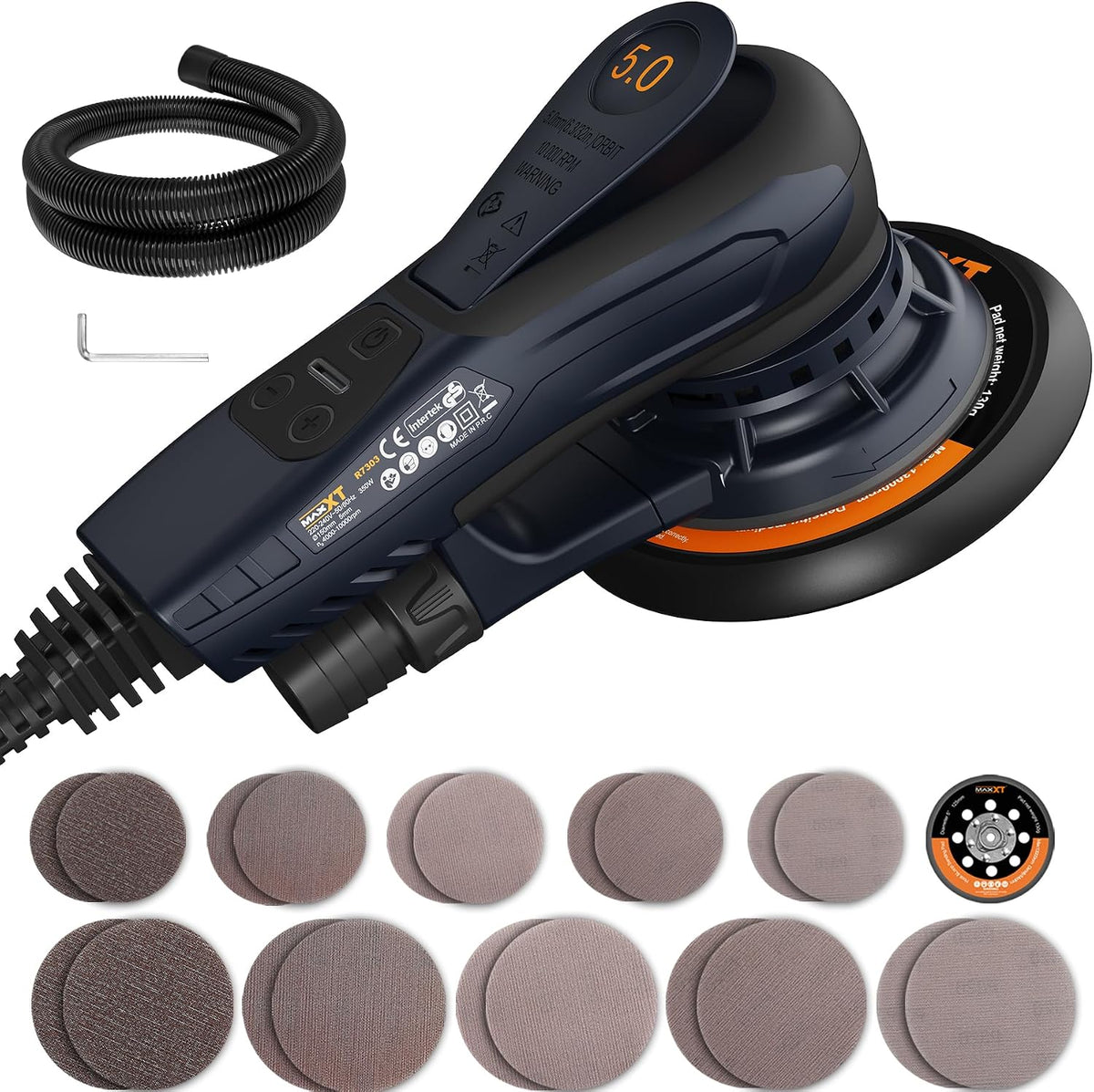MAXXT Lijadora orbital 5.0 sin escobillas 350W, disco de 125mm&150mm, 4000-10000RPM(6 velocidades ajustables) Freno automático-2s, y 20 hojas de papel de lija