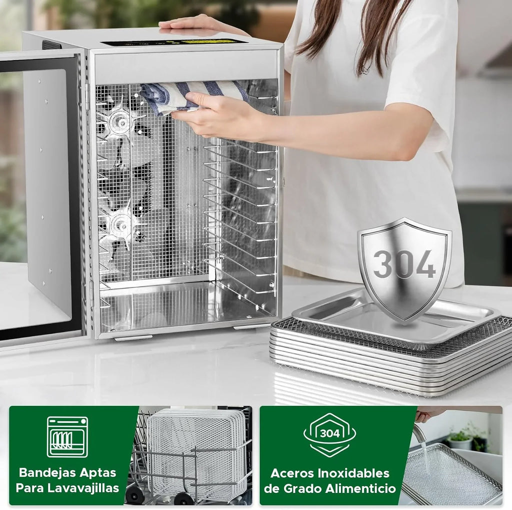 Kwasyo Deshidratador de Alimentos de Acero Inoxidable con 12 Bandejas, Secado eficiente de 360° con doble ventilador, Temporizador 24 horas, Temperatura: 30 a 90℃, deshidrata fruta, carne, verduras