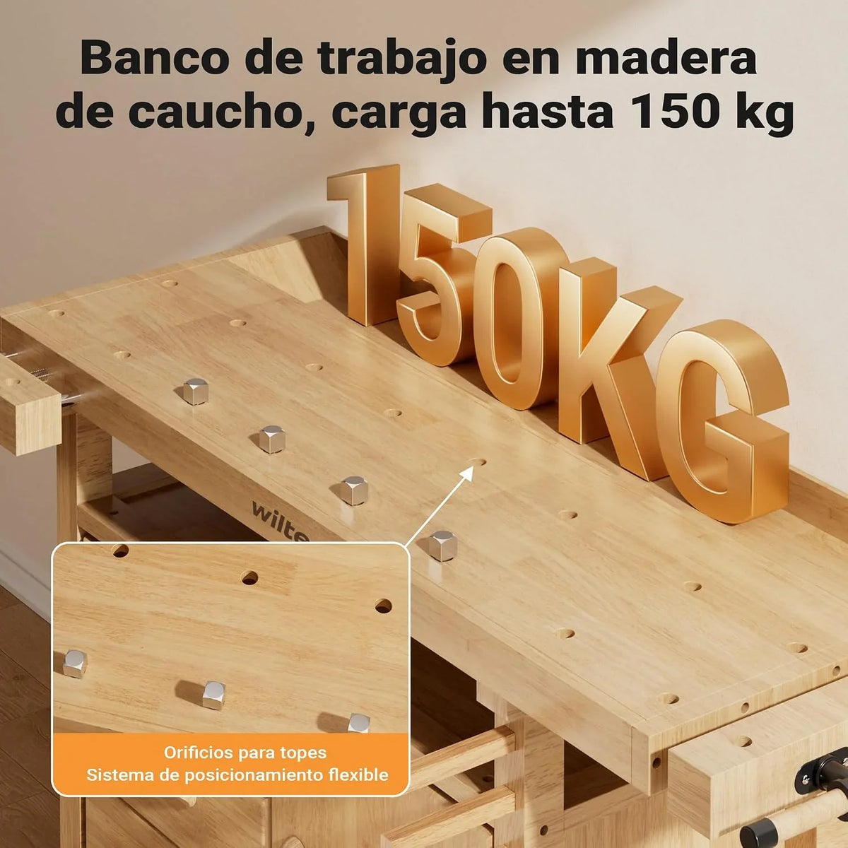 Wiltec Banco de Trabajo de Madera 126x50x84 cm para carpintería con Pinzas de sujeción y cajones