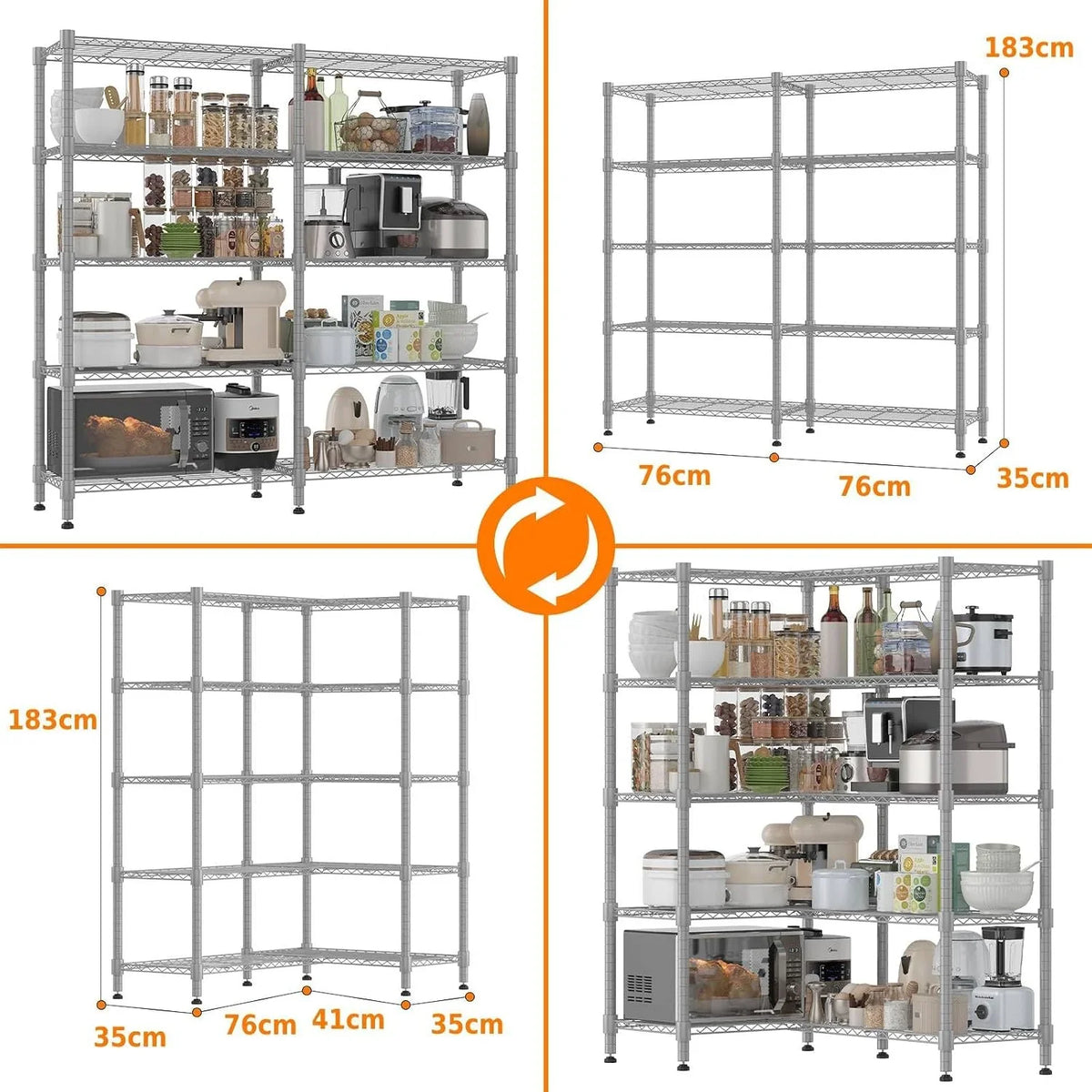 Himimi Estantería metálica de 5 niveles para almacenamiento, Unidad de estanterías de alambre ajustables, Estantes resistentes con pies niveladores, Estantería de almacenamiento 152*35*183cm, Plateado