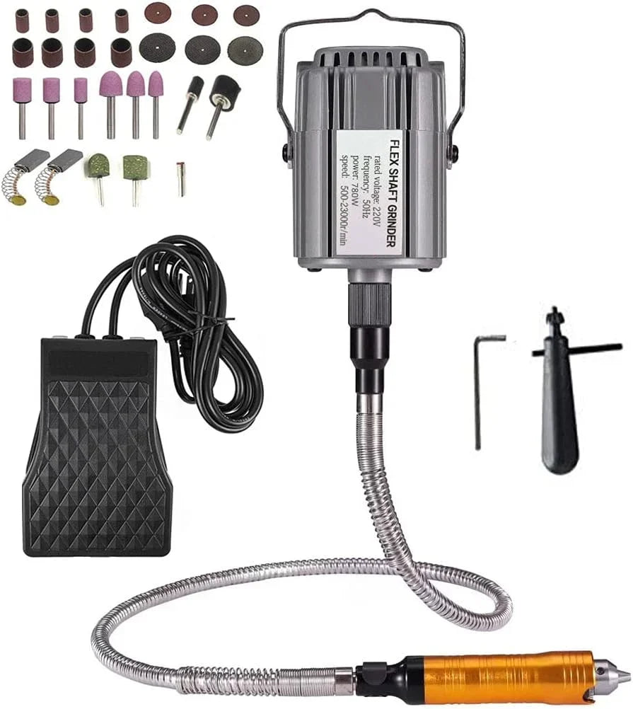 1/4HP Amoladora Eléctrica Multiherramienta Herramienta Rotativa Eje flexible que cuelga la amoladora Carver Kit, control de pedal,780W fuerte potencia, eje flexible de metal, 23000 RPM
