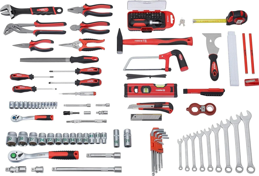 Meister 8971470 - Maletín de herramientas de aluminio (131 piezas, para el hogar, garaje y taller, relleno profesional, caja de herramientas, caja de herramientas, incluye herramientas)