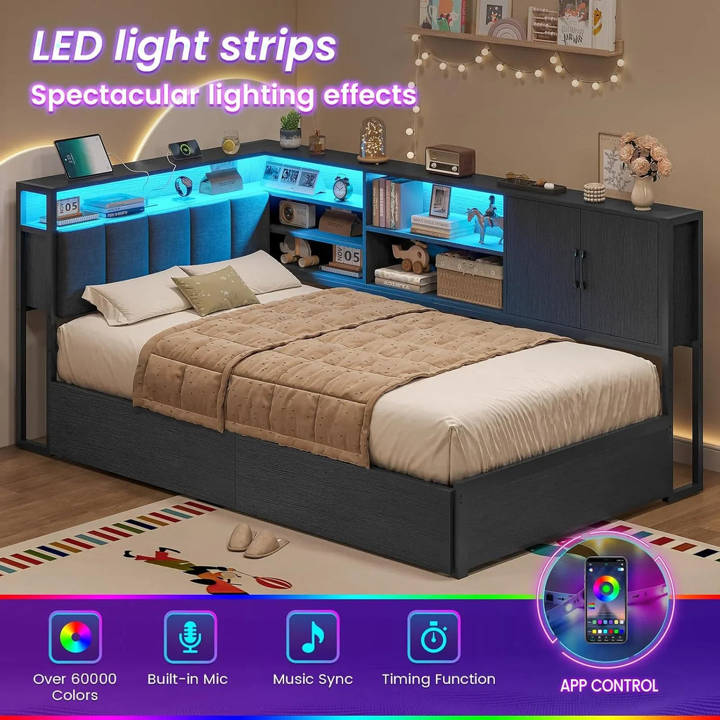 KIMENICH Upholstered Bed Sofa Bed 90 x 190 cm with LED Lighting, Charging Station, Youth Beds with 2 Drawers and Metal Slatted Base, Headboard with Storage, Open Shelves, Black