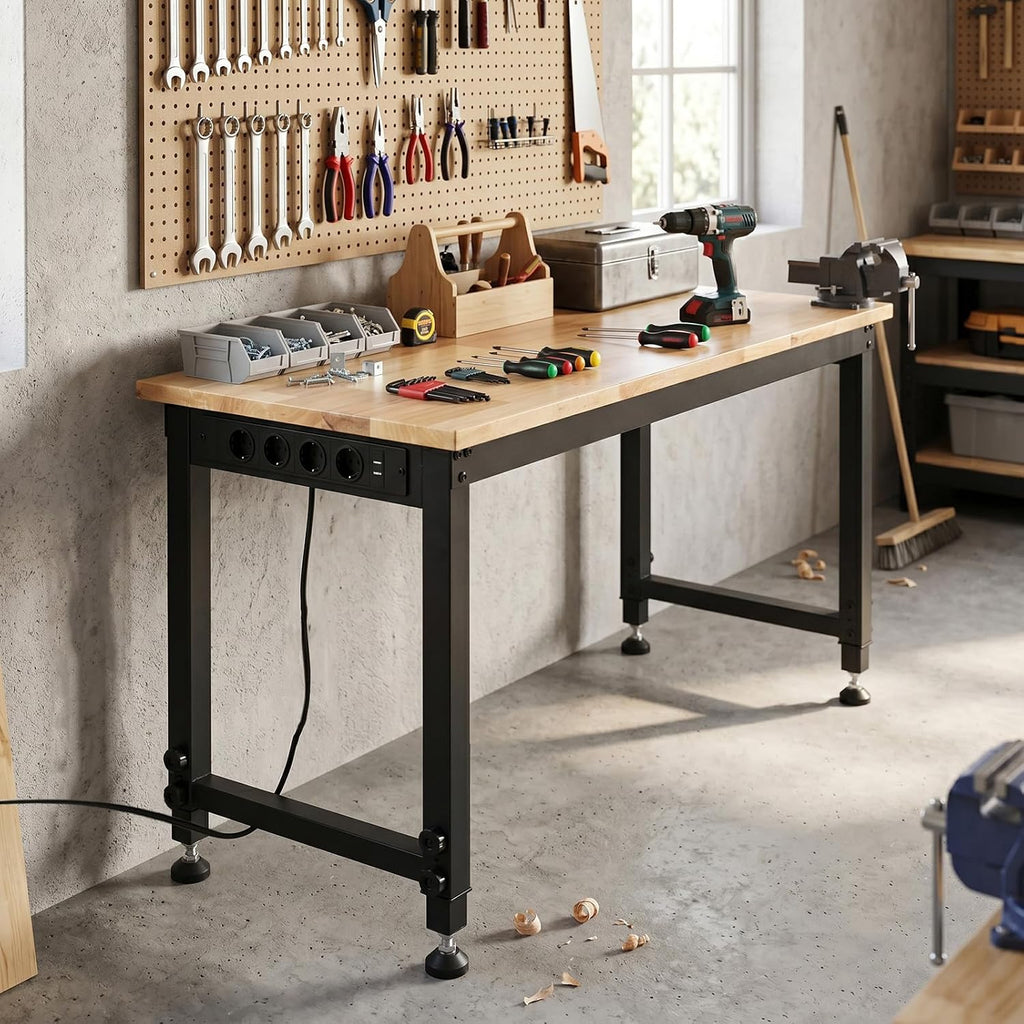 COSTWAY Banco de Trabajo con Estación de Carga, 122 x 51cm, Mesa Trabajo Taller con Altura Ajustable en 6 Niveles, Encimera de Madera Caucho, Marco Metálico, Estación Bricolaje, Carga 900 kg